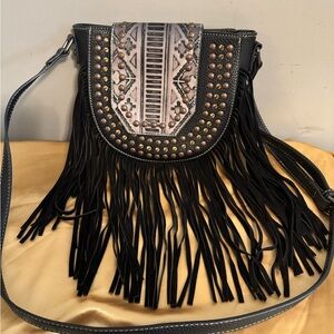 Cream and Black Geometric Fringe Crossbody Bag
